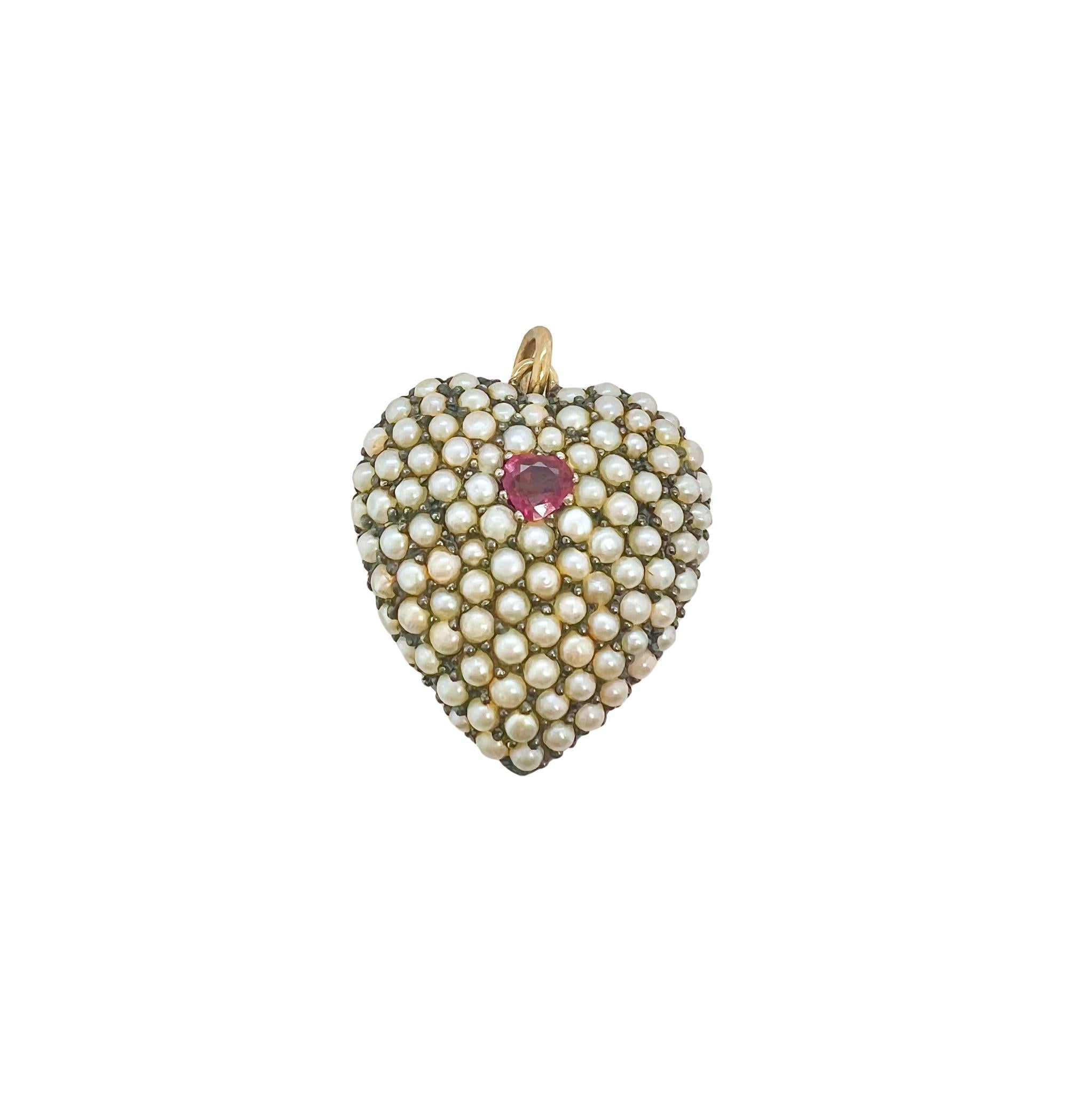 Victorian 18k Gold Ruby Pearls Heart Shaped Pendant