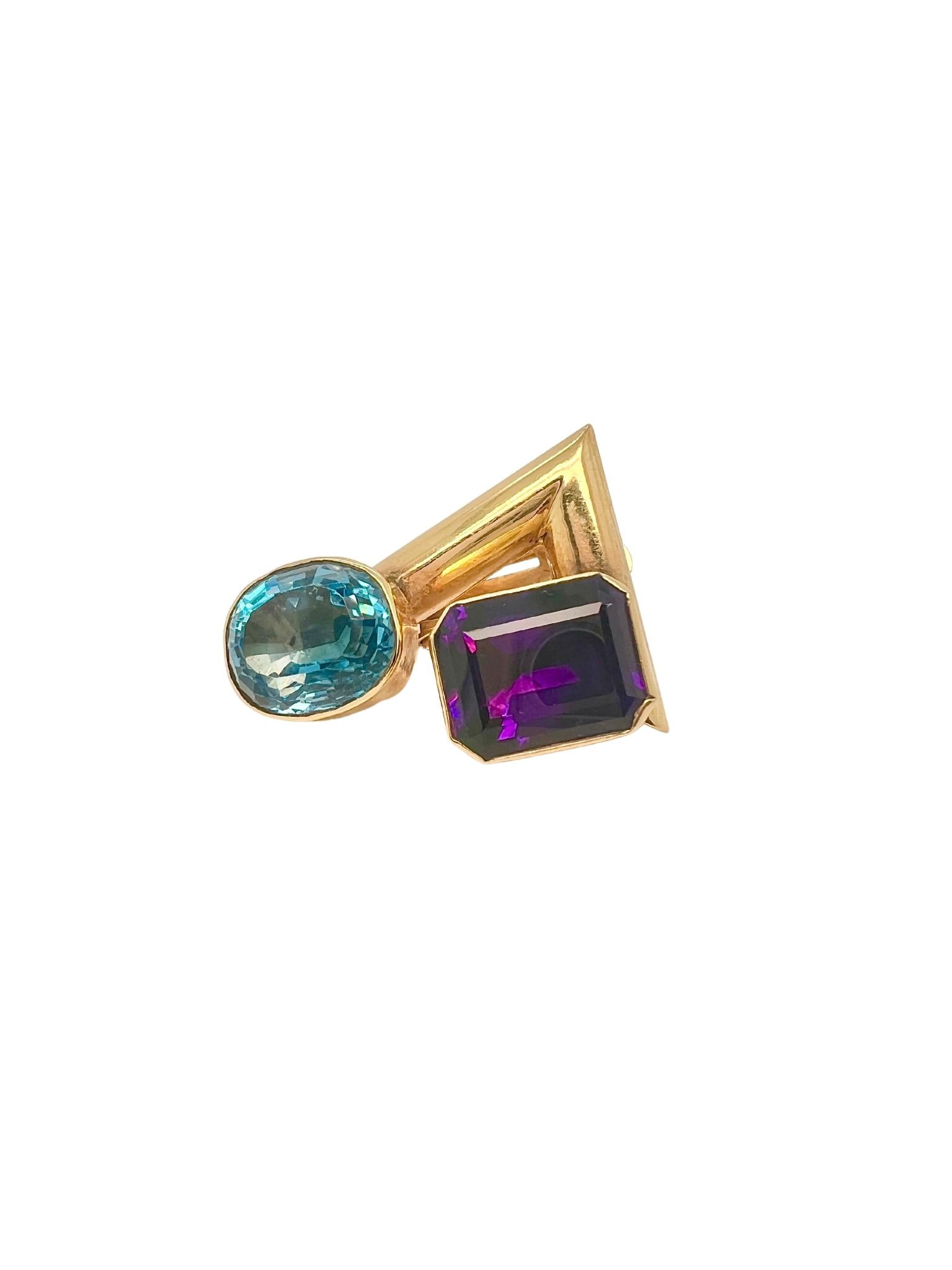 Pair of 14k Gold, Amethyst and Blue Topaz Earclips