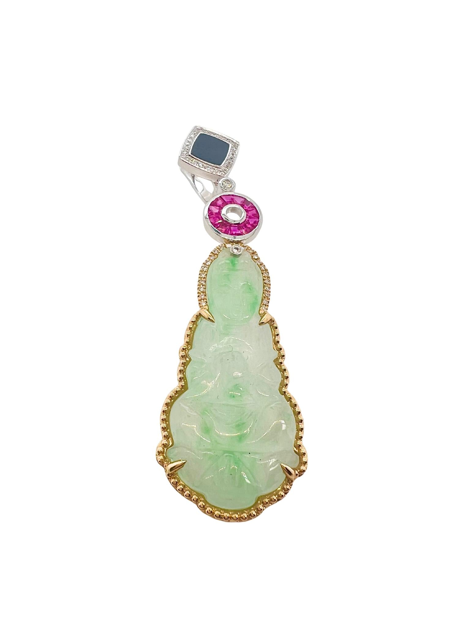 Pair of Carved Jade, Two-Color Gold, Ruby, Onyx, and Diamond Pendant Earrings