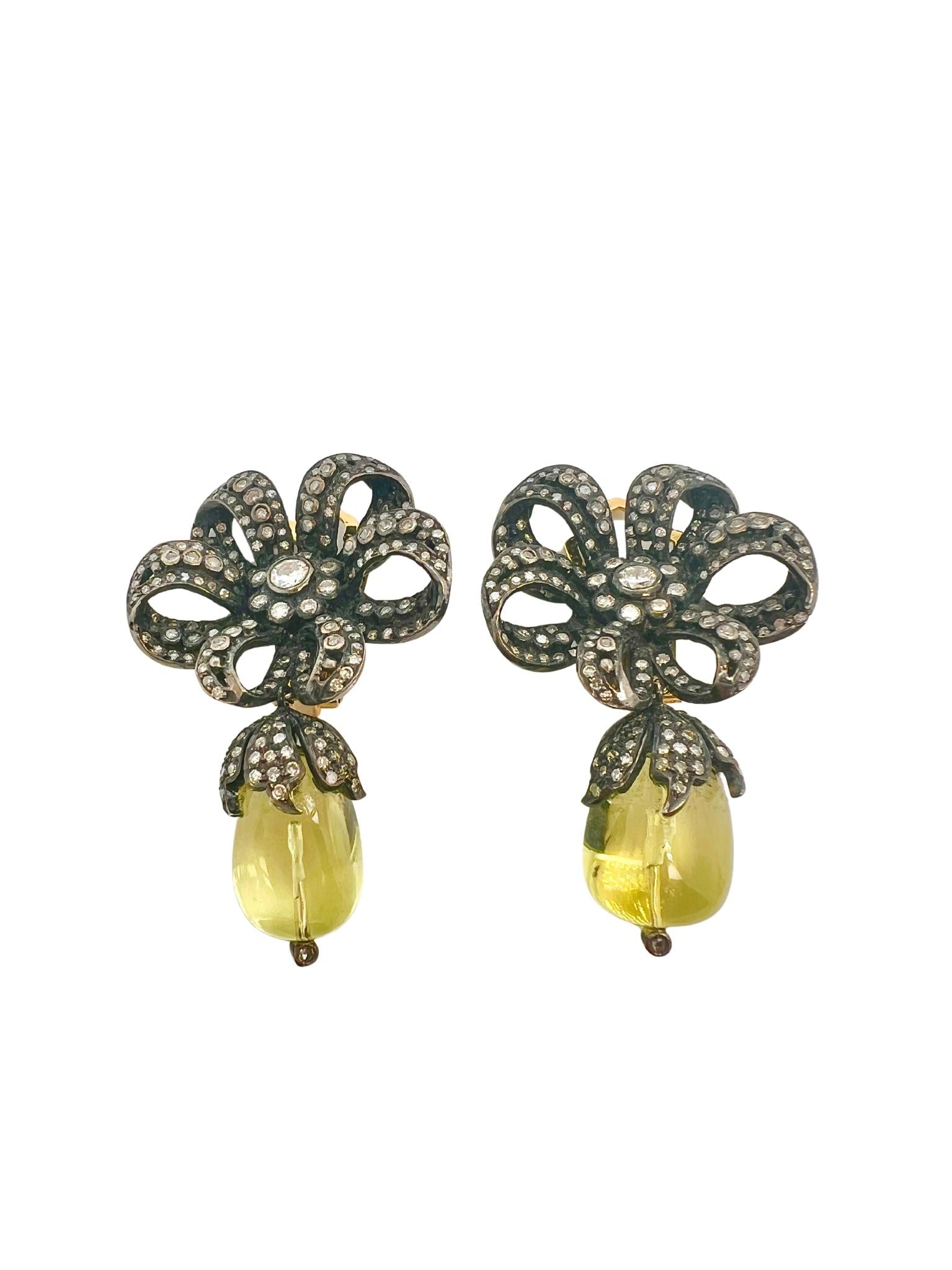 Pair of Yellow Quartz Bead, Silver, and Diamond Flower Pendant Earclips