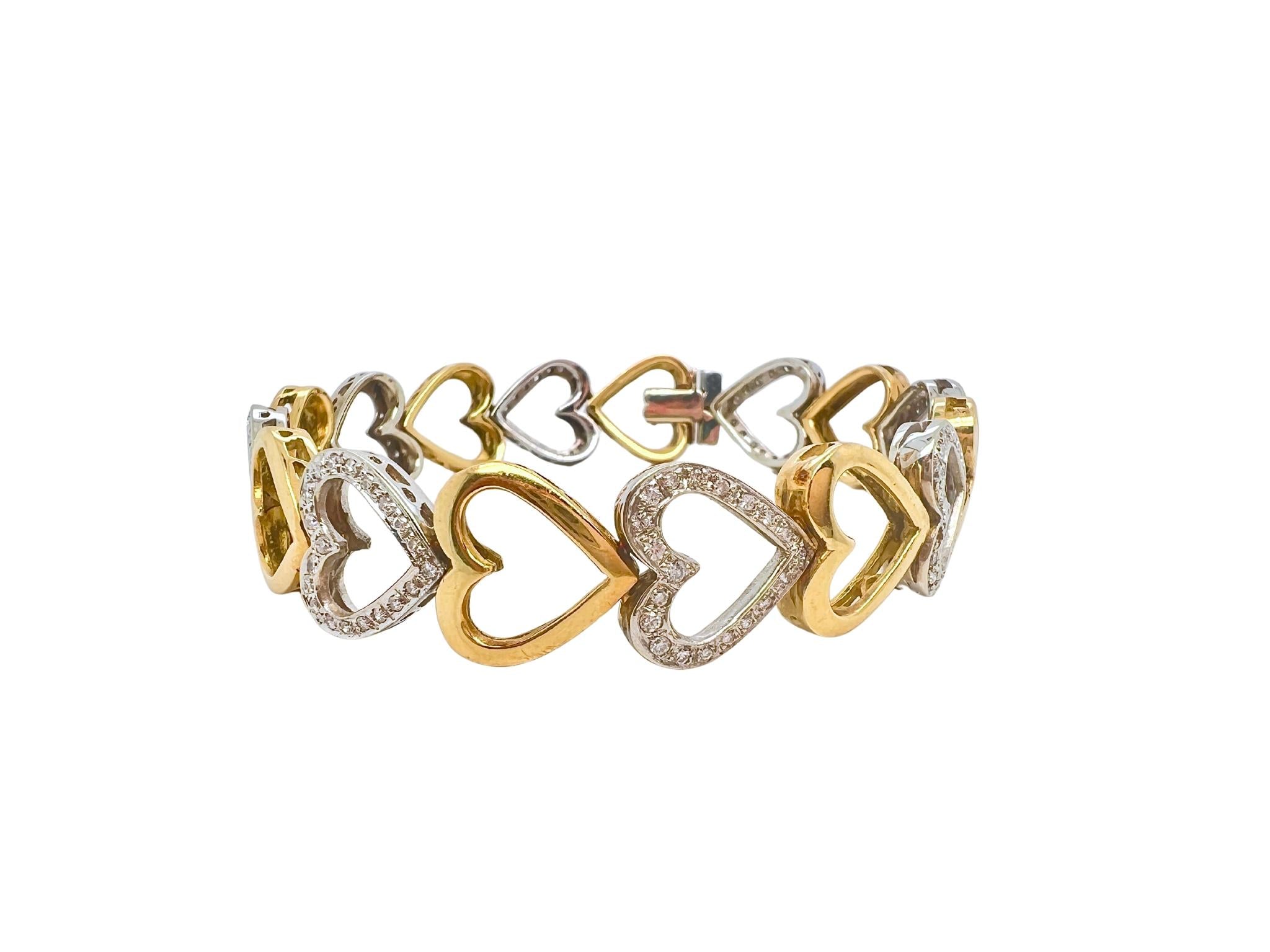 Yellow and White Gold Diamond Heart Link Bracelet