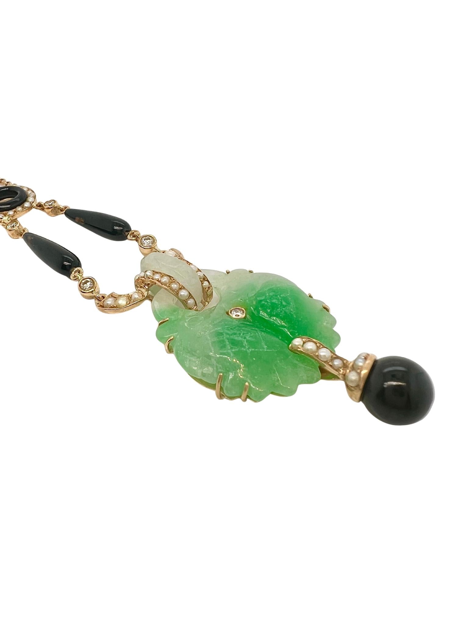 Victorian 18k Gold Jade Onyx Seed Pearls Pendant Necklace