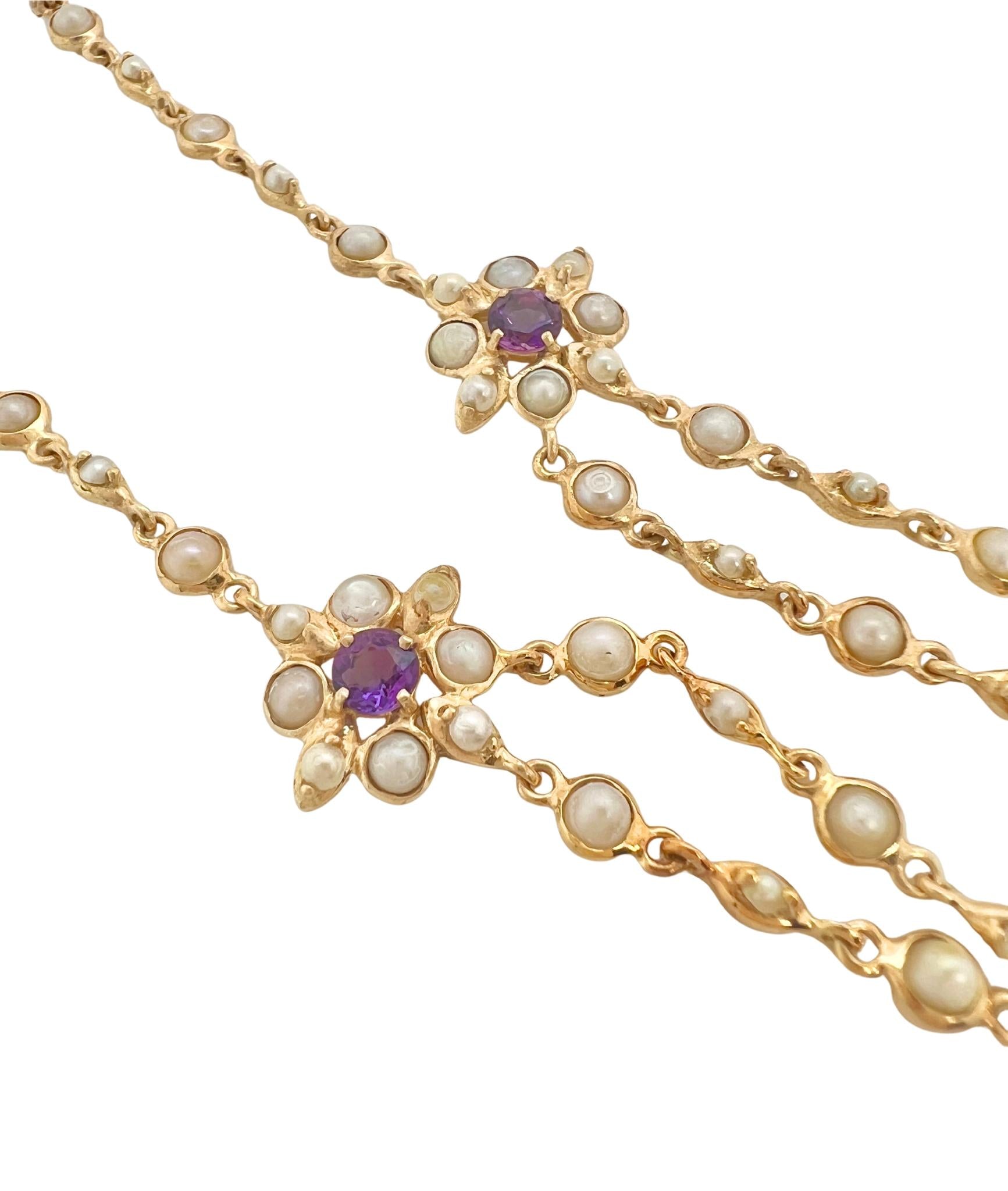 Victorian 18k Yellow Gold Amethyst Seed Pearl Necklace