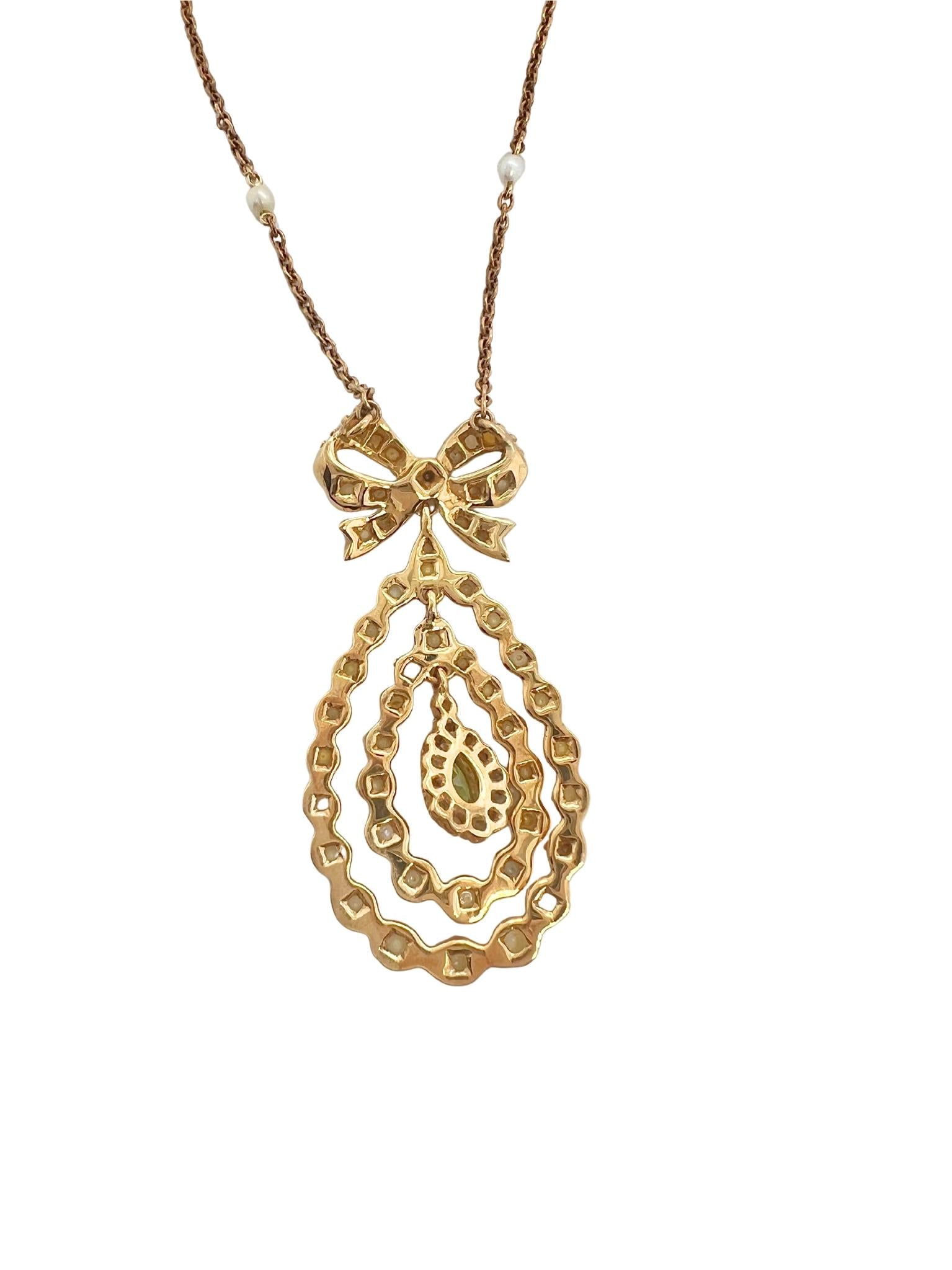 Victorian 18k Yellow Gold Emerald Seed Pearl Necklace