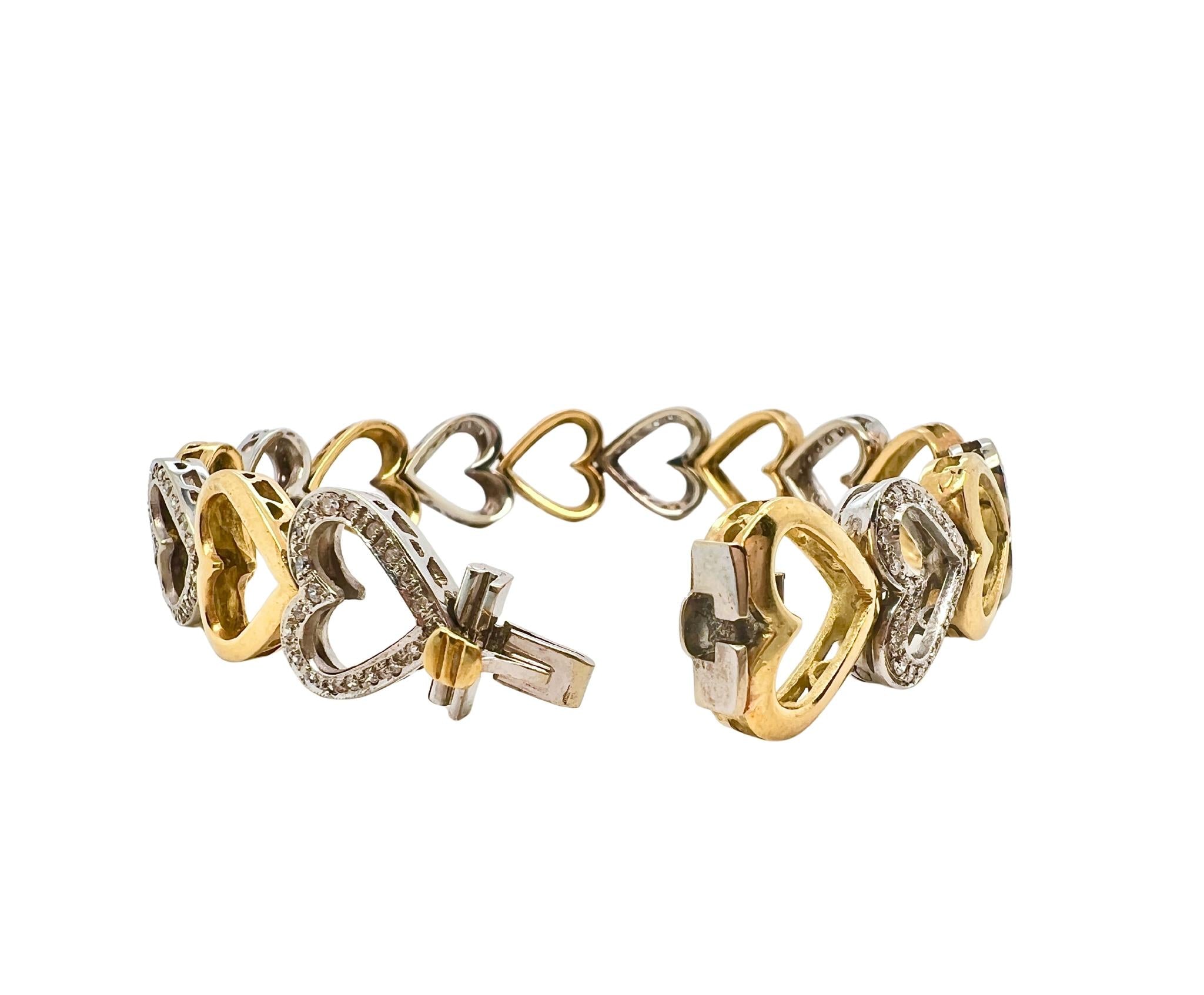 Yellow and White Gold Diamond Heart Link Bracelet