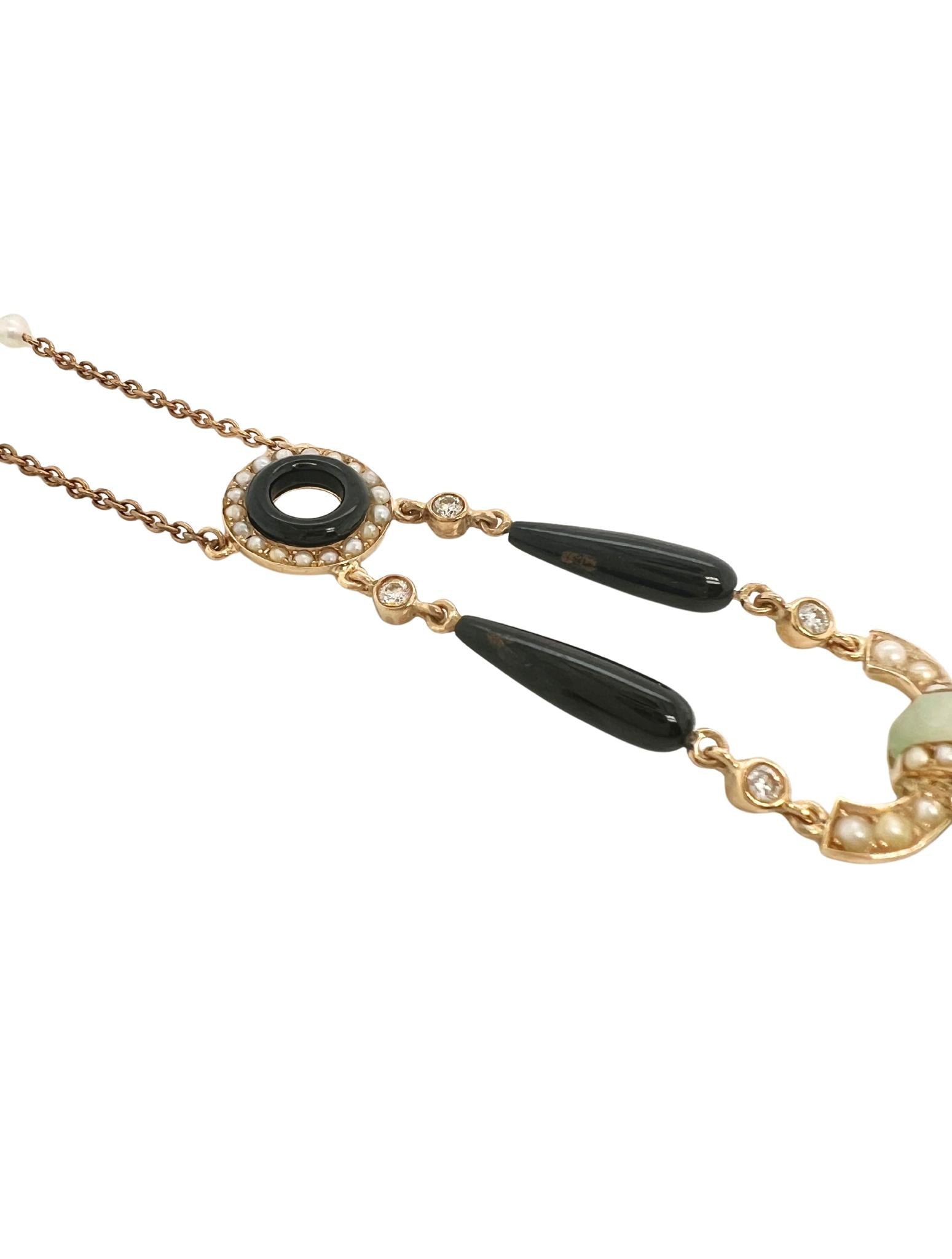 Victorian 18k Gold Jade Onyx Seed Pearls Pendant Necklace