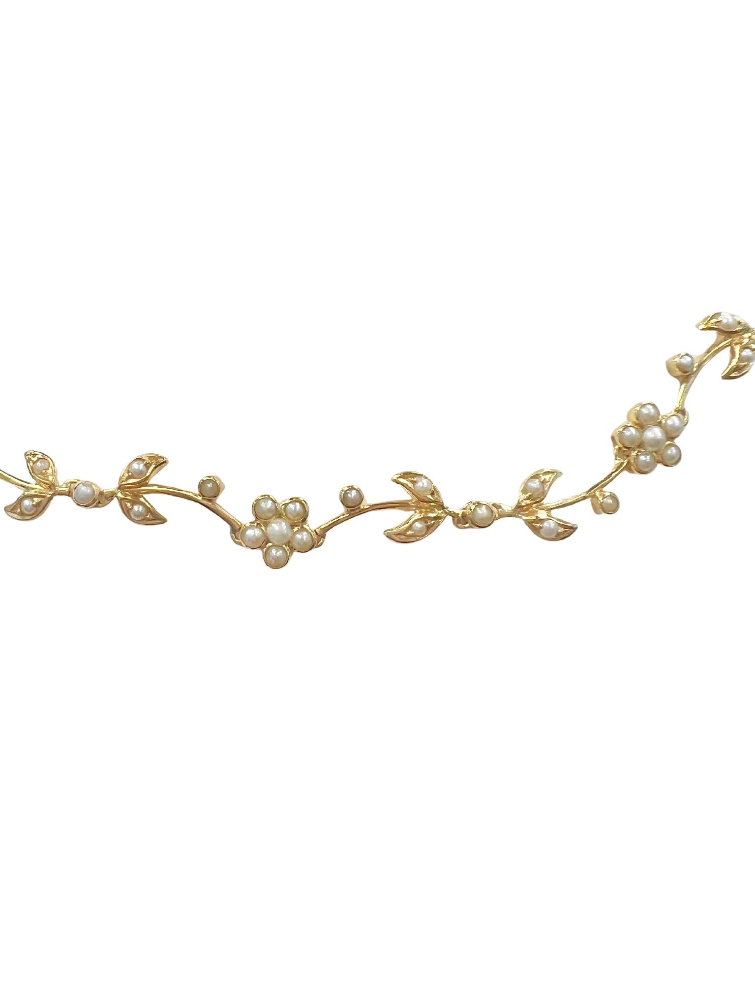 Victorian 18k Yellow Gold and Seed Pearls Flower Necklace