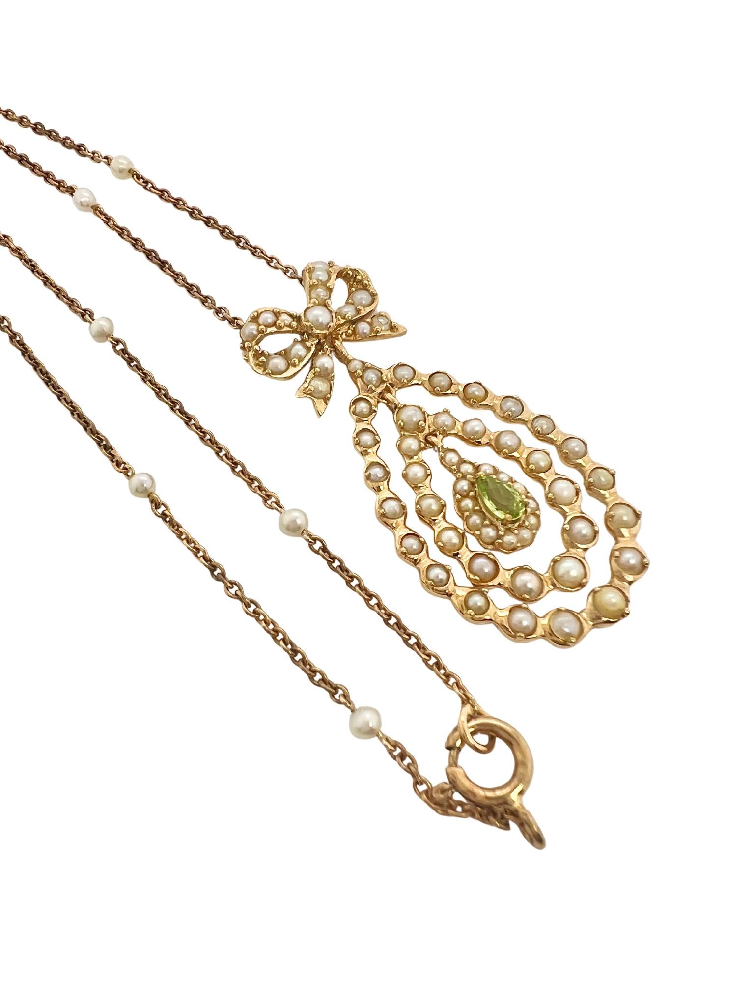 Victorian 18k Yellow Gold Emerald Seed Pearl Necklace