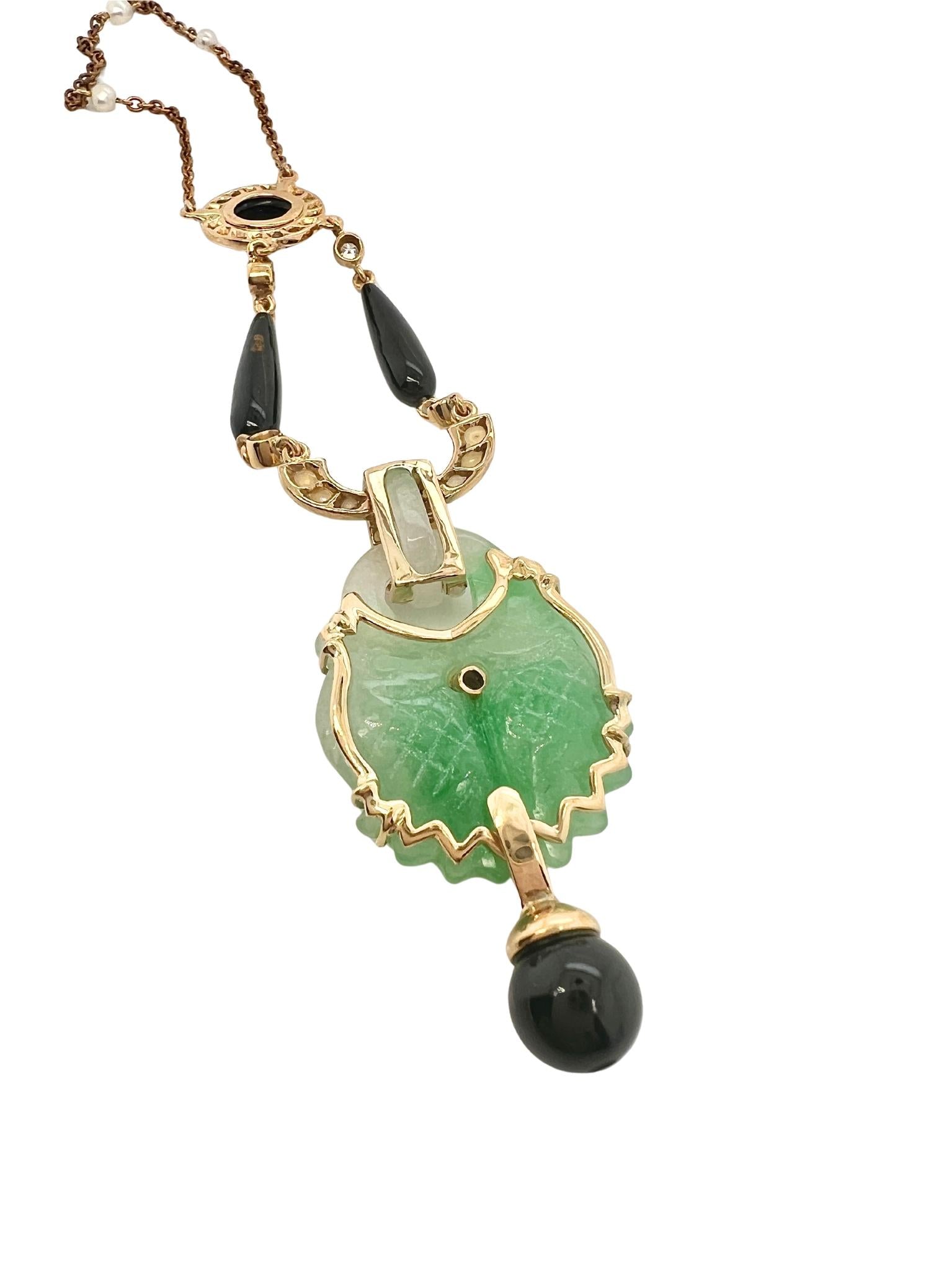 Victorian 18k Gold Jade Onyx Seed Pearls Pendant Necklace