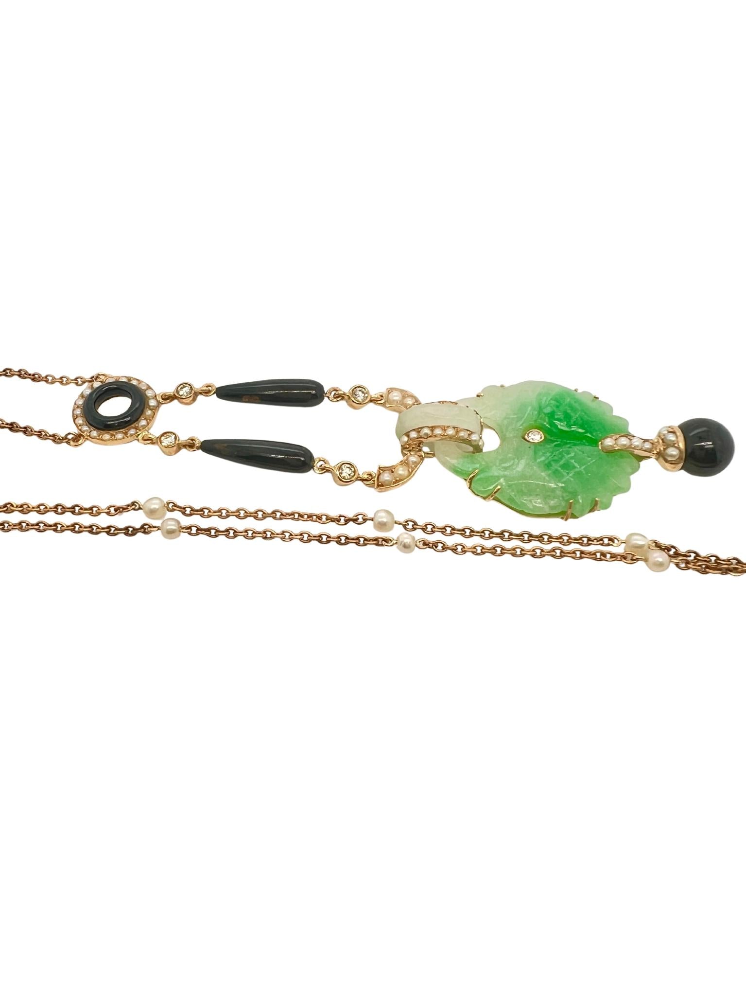 Victorian 18k Gold Jade Onyx Seed Pearls Pendant Necklace