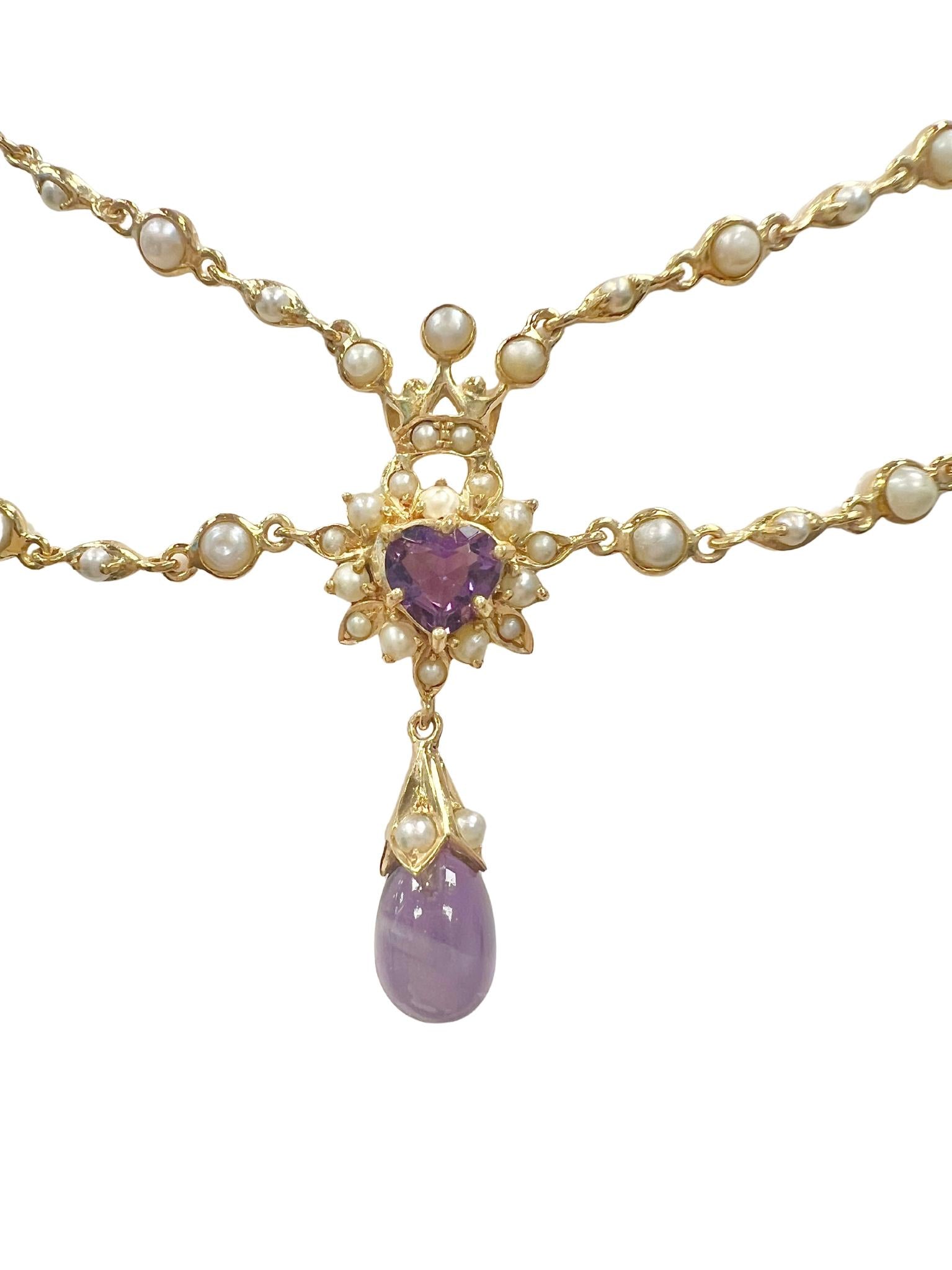 Victorian 18k Yellow Gold Amethyst Seed Pearl Necklace