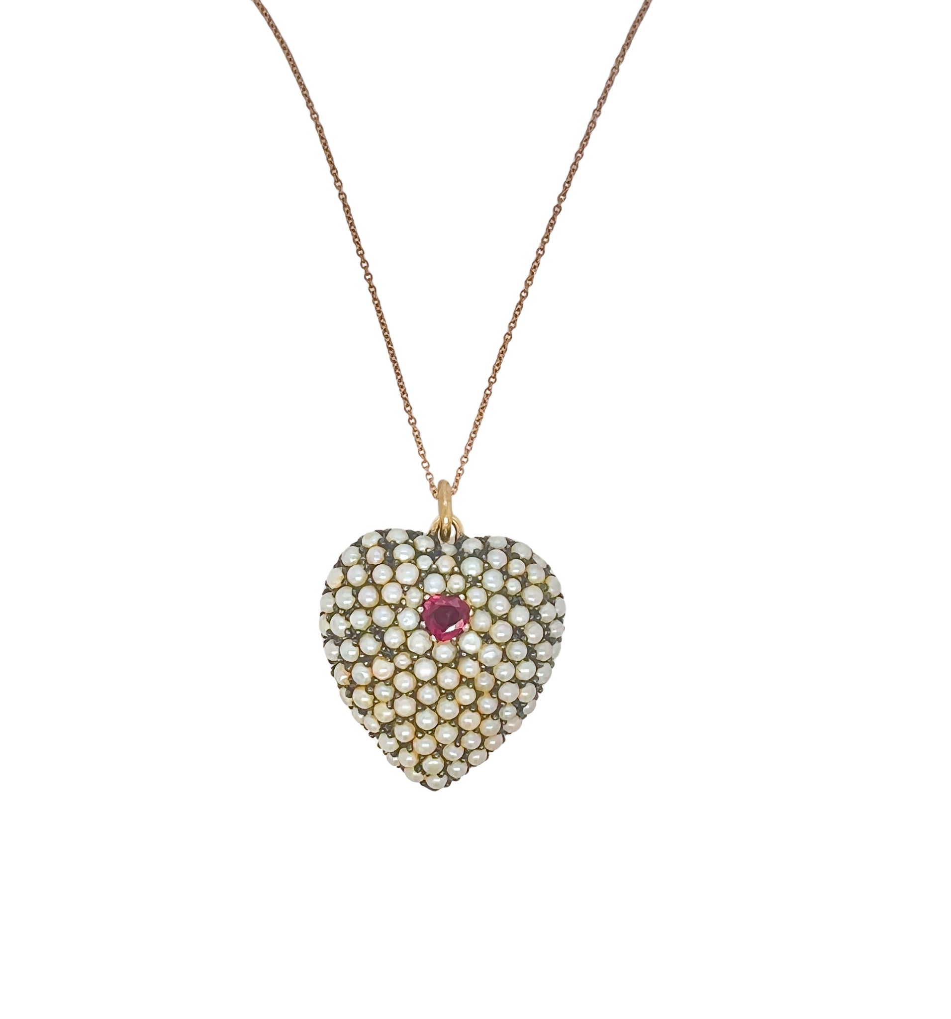 Victorian 18k Gold Silver Ruby Pearls Heart Shaped Pendant Necklace