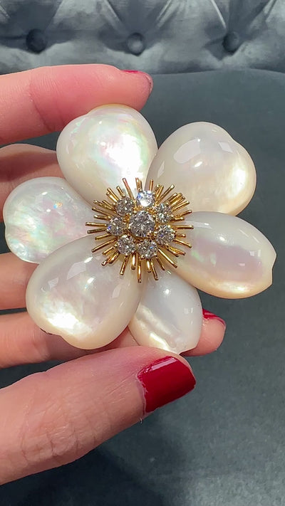 Van Cleef & Arpels 18K Gold, Mother of Pearl and Diamond Flower Brooch