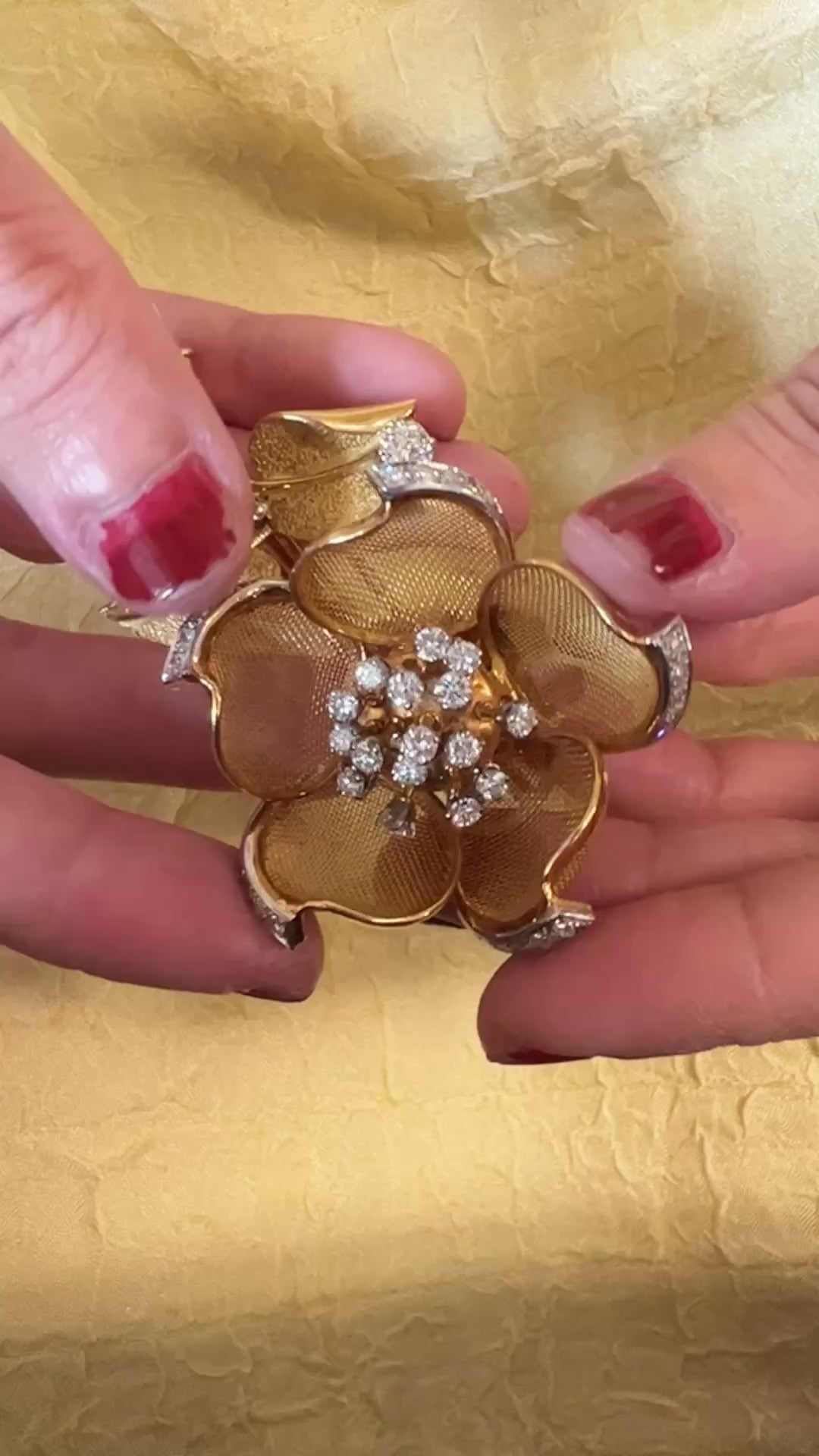 French 18k Gold Platinum Diamond 'En Tremblant' Brooch
