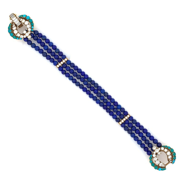 Cartier 18 Karat Gold, Lapis Luzuli, Turquoise and Diamond Multistrand Bracelet