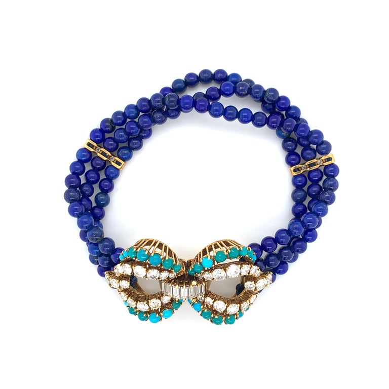 Cartier 18 Karat Gold, Lapis Luzuli, Turquoise and Diamond Multistrand Bracelet
