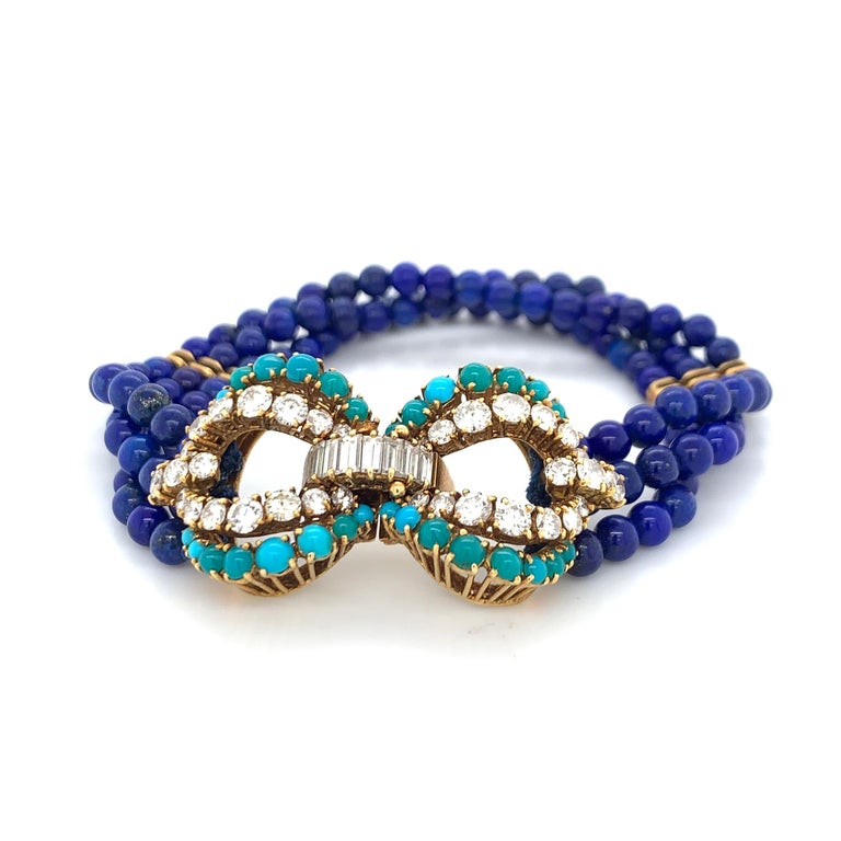 Cartier 18 Karat Gold, Lapis Luzuli, Turquoise and Diamond Multistrand Bracelet