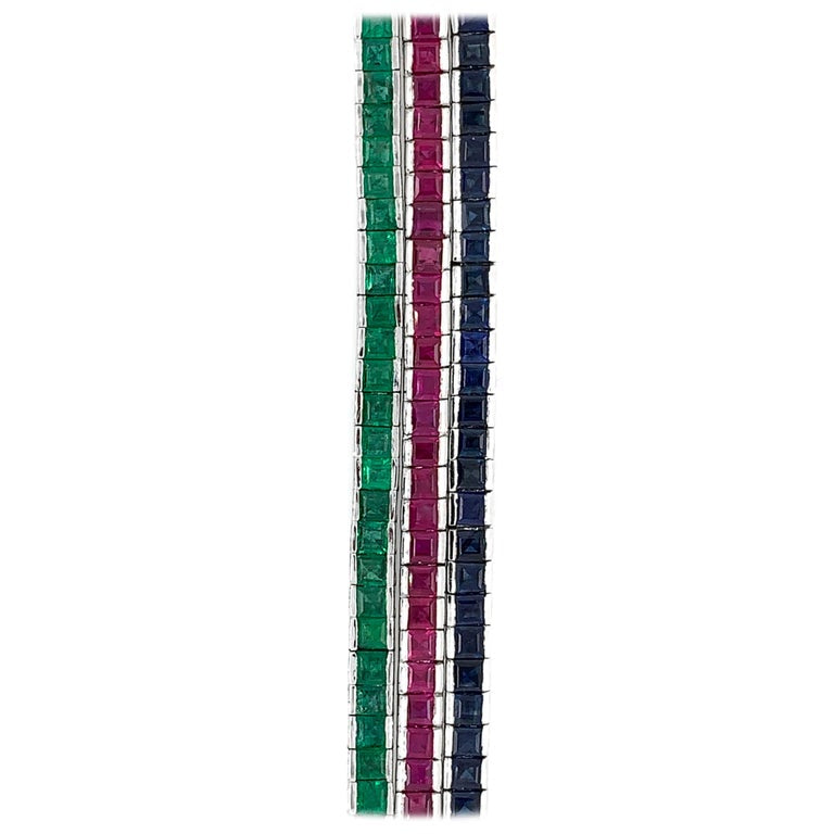 18 Karat Gold 3 Straight Line Emerald, Ruby and Sapphire Square Cut Bracelets