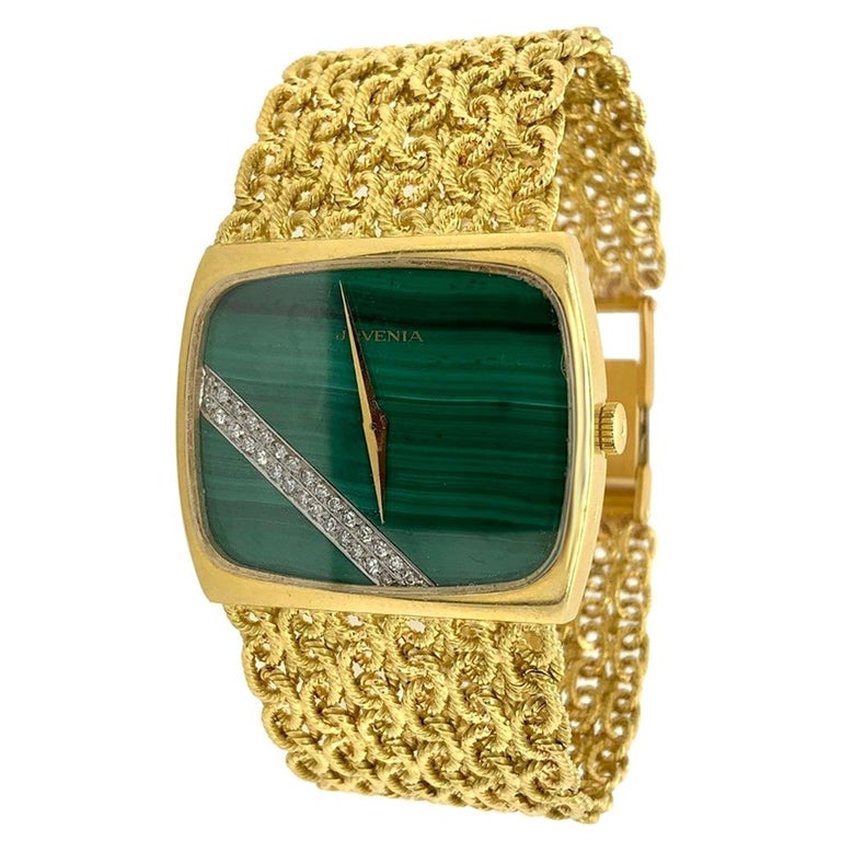 18 Karat Yellow Gold Malachite Diamond Wristwatch for Men