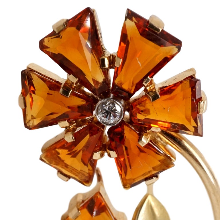 Cartier 14 Karat Yellow Gold and Diamond Citrine Flower Brooch