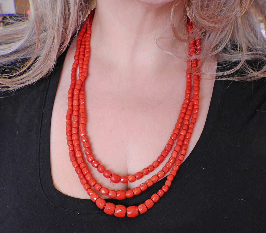 Coral Bead Gold Multi Strand Necklace