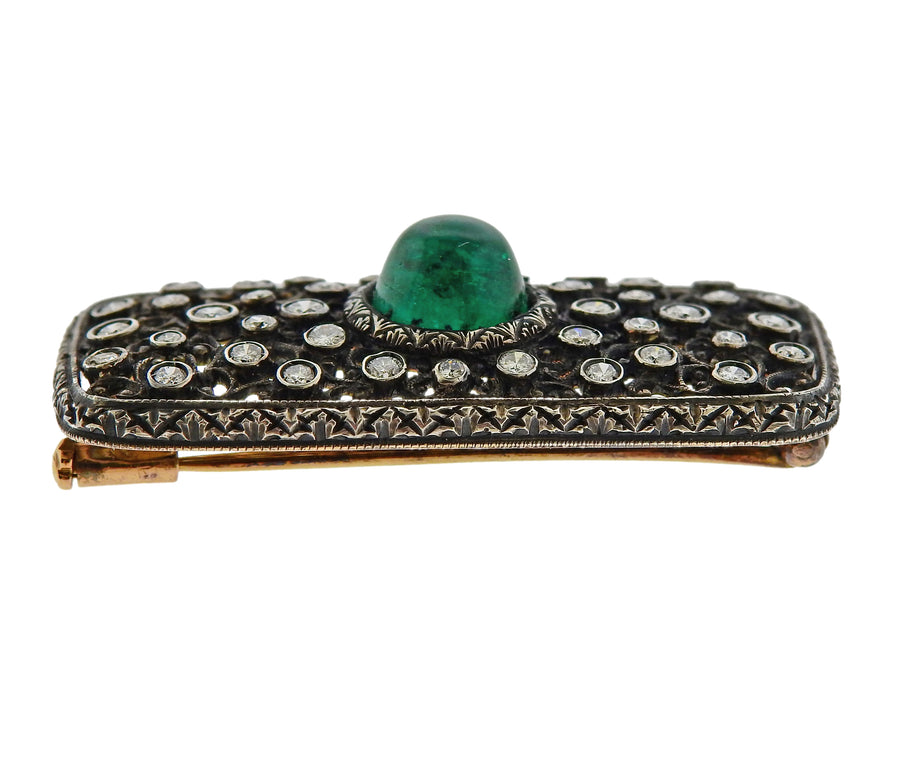 Mario Buccellati Emerald Cabochon Diamond Gold Silver Brooch
