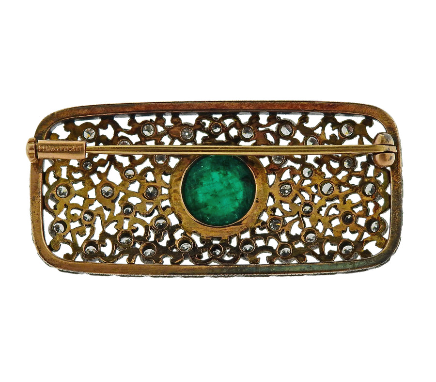 Mario Buccellati Emerald Cabochon Diamond Gold Silver Brooch