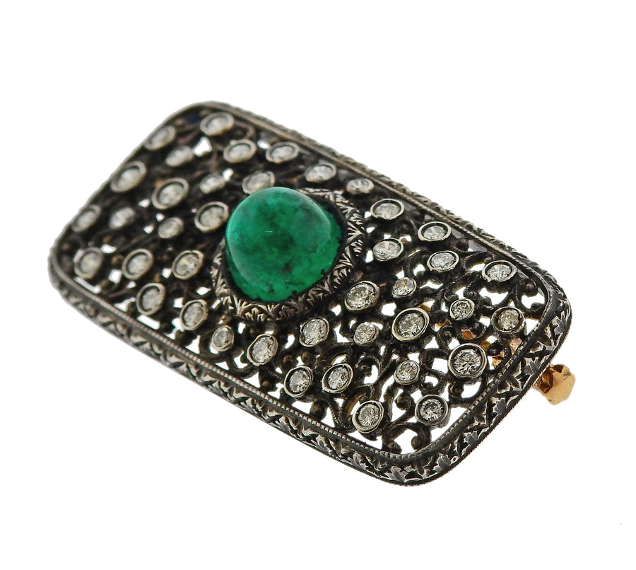 Mario Buccellati Emerald Cabochon Diamond Gold Silver Brooch