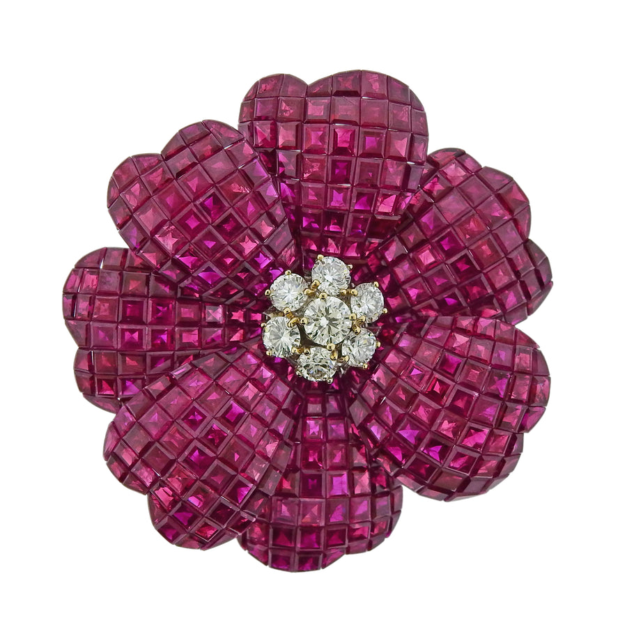 Invisible Ruby and Diamond Flower Brooch