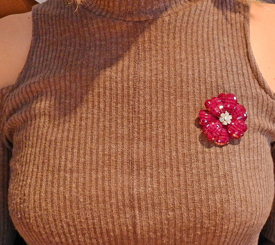 Invisible Ruby and Diamond Flower Brooch