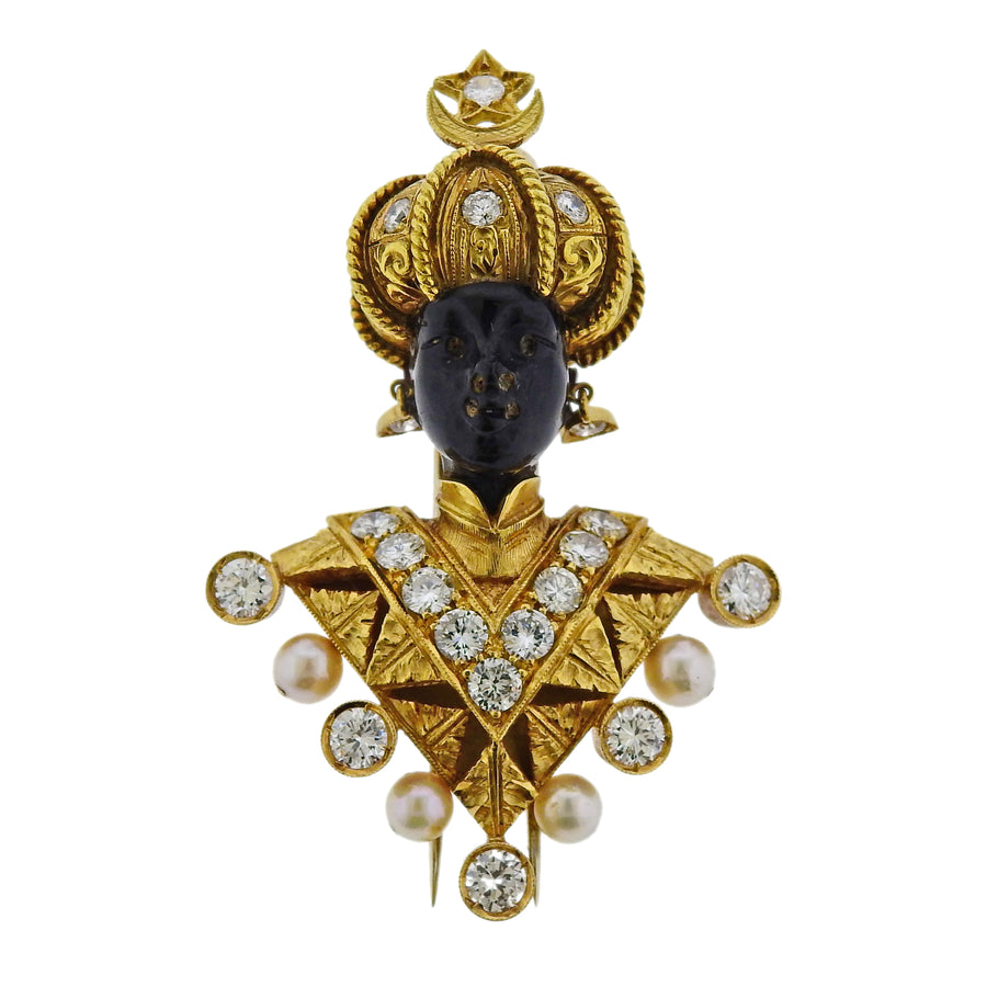 Nardi Blackamoor Diamond Pearl Gold Brooch Pin