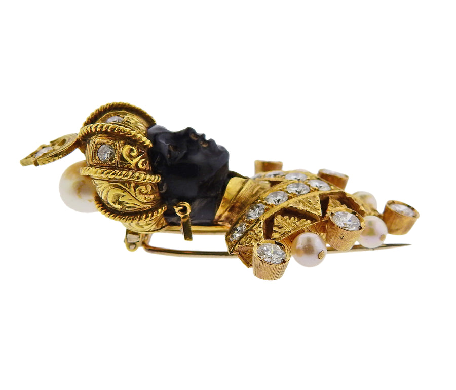 Nardi Blackamoor Diamond Pearl Gold Brooch Pin