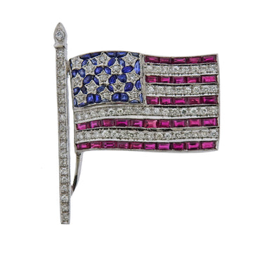 Diamond Sapphire Ruby Gold American Flag Brooch