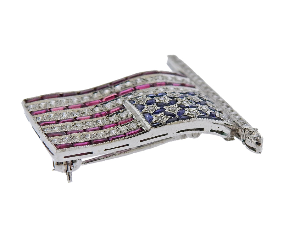 Diamond Sapphire Ruby Gold American Flag Brooch