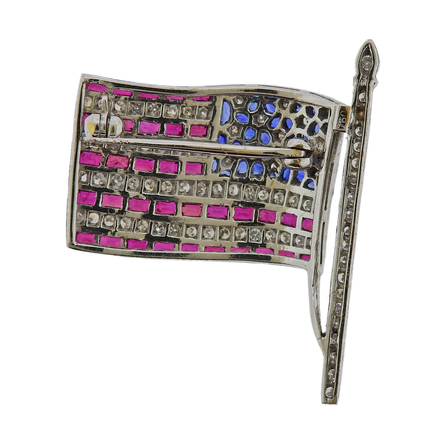 Diamond Sapphire Ruby Gold American Flag Brooch