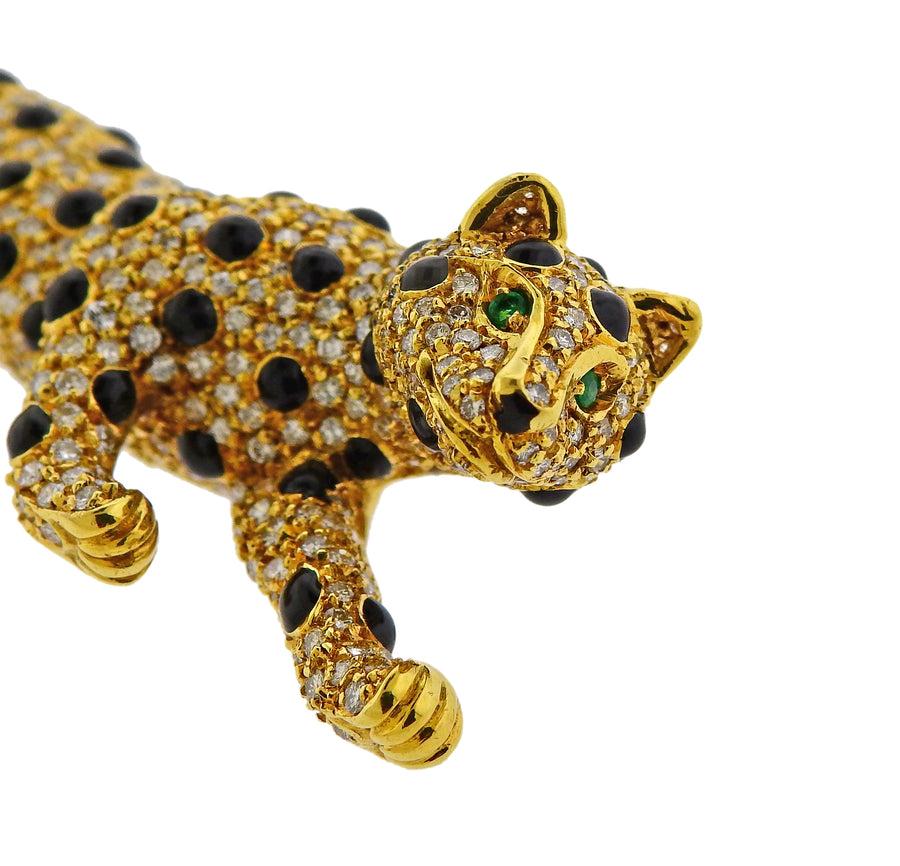 Diamond Onyx Emerald Gold Panther Brooch Pin