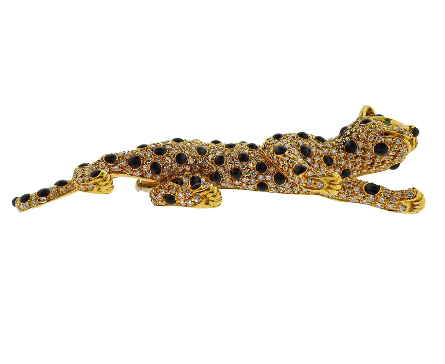 Diamond Onyx Emerald Gold Panther Brooch Pin
