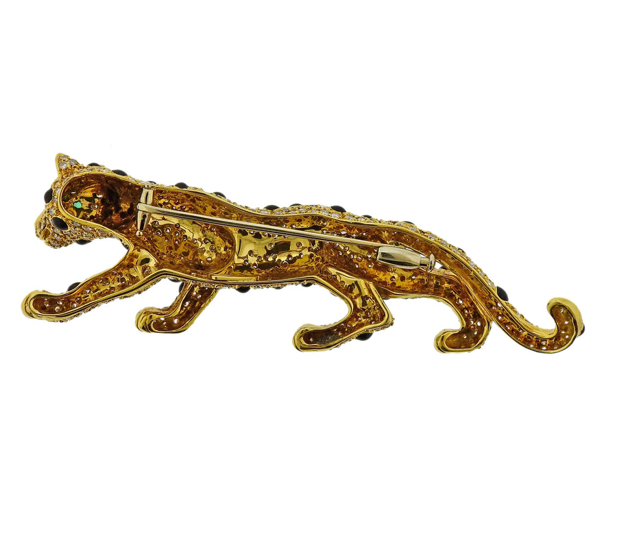 Diamond Onyx Emerald Gold Panther Brooch Pin