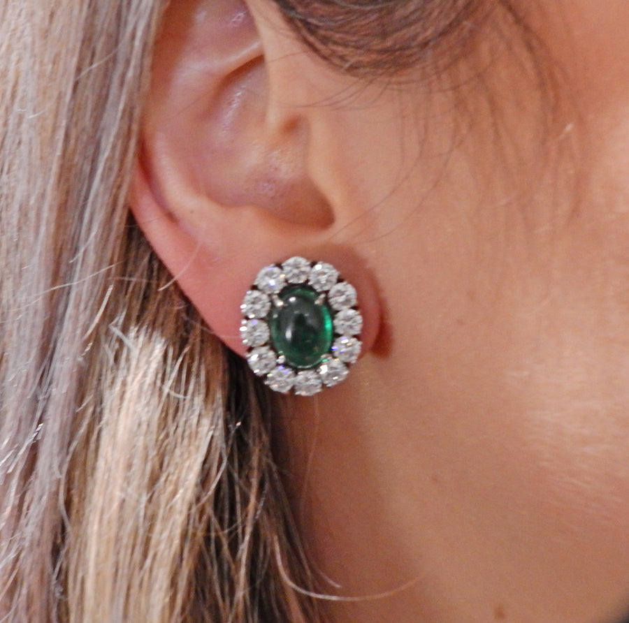 10 Carat Emerald Cabochon Diamond Gold Cocktail Earrings