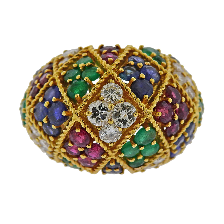 1960s Ruby Emerald Sapphire Diamond Gold Dome Ring