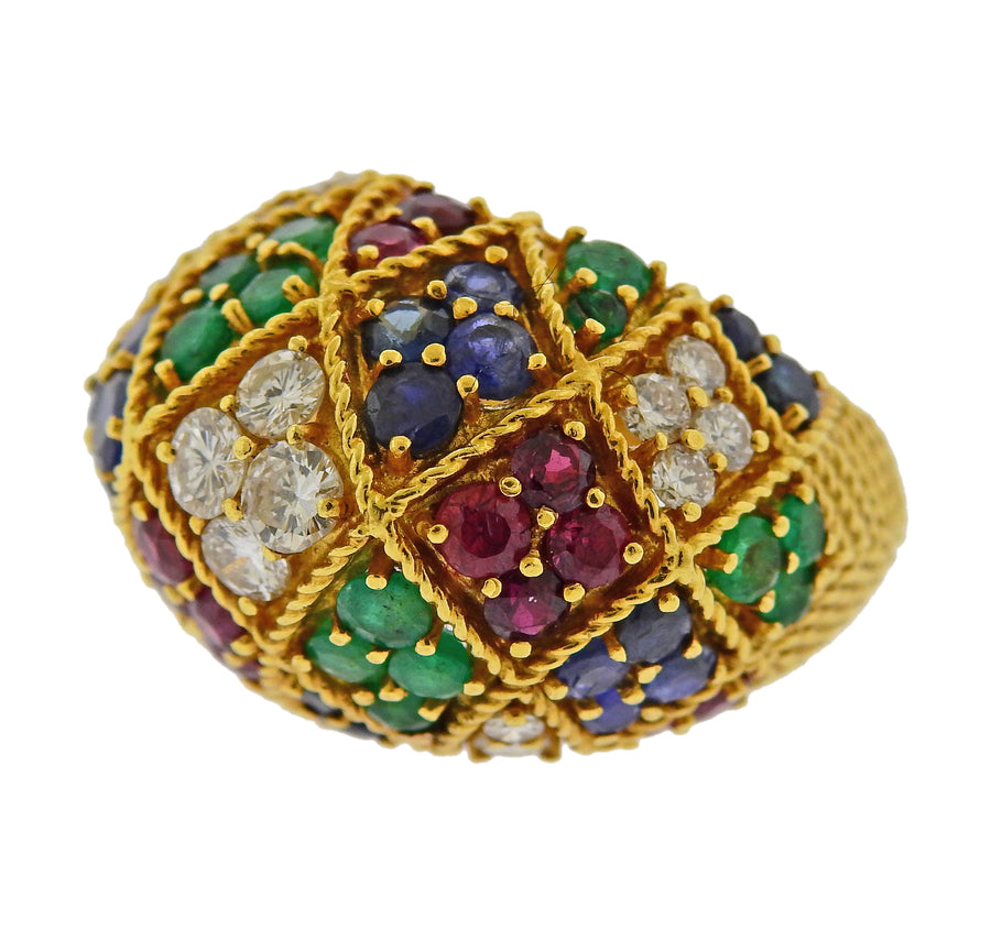1960s Ruby Emerald Sapphire Diamond Gold Dome Ring