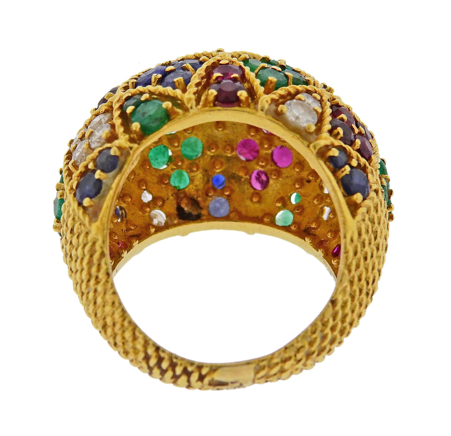 1960s Ruby Emerald Sapphire Diamond Gold Dome Ring