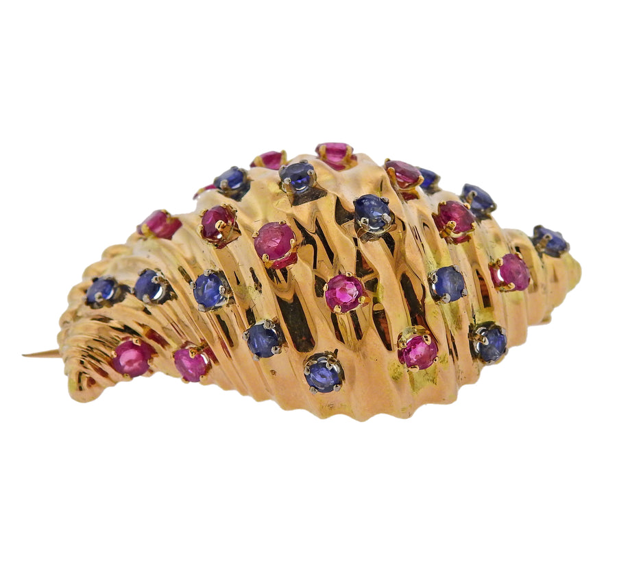 Sapphire Ruby Gold Seashell Motif Brooch Pin