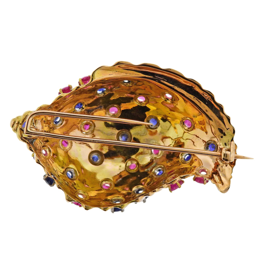 Sapphire Ruby Gold Seashell Motif Brooch Pin