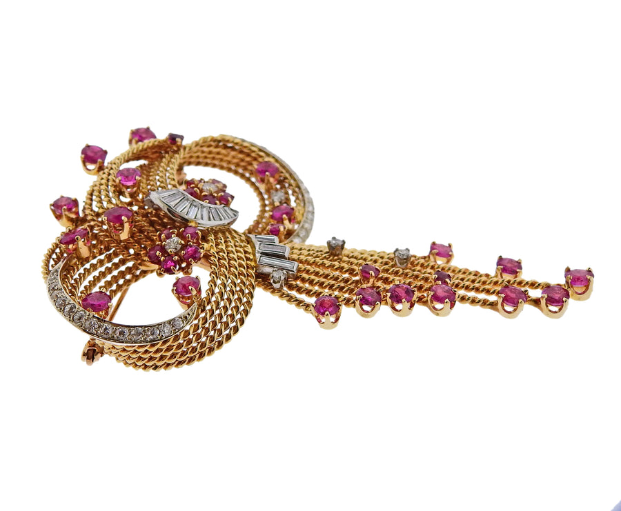 Midcentury Retro Ruby Diamond Gold Brooch Pendant