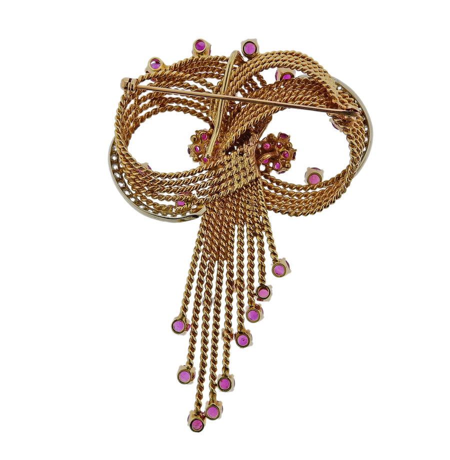 Midcentury Retro Ruby Diamond Gold Brooch Pendant