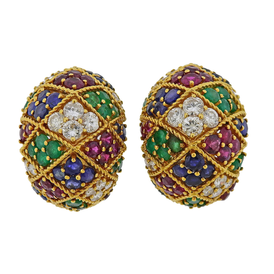 1960s Ruby Emerald Diamond Sapphire Gold Half Hoop Earrings