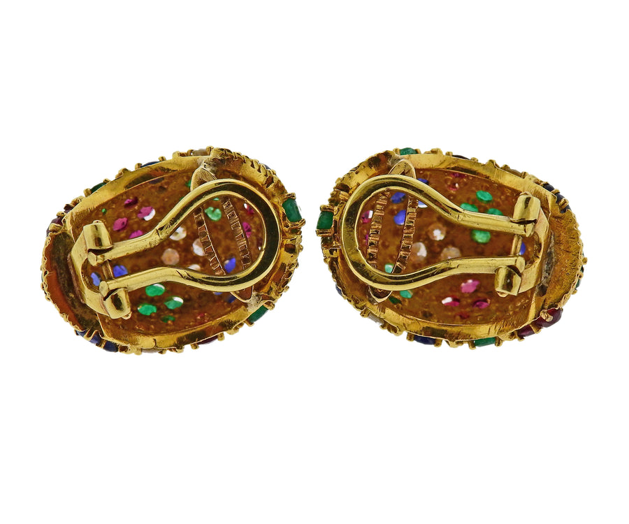 1960s Ruby Emerald Diamond Sapphire Gold Half Hoop Earrings