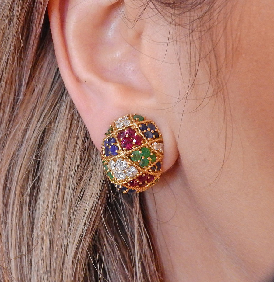 1960s Ruby Emerald Diamond Sapphire Gold Half Hoop Earrings