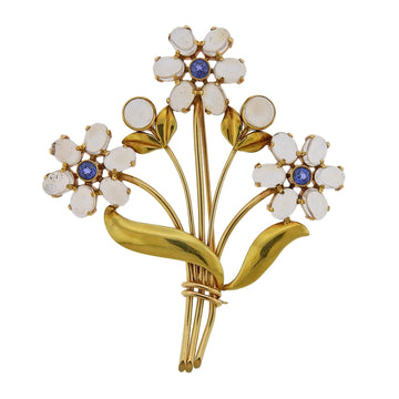 Tiffany & Co Retro Moonstone Sapphire Gold Flower Brooch Pin